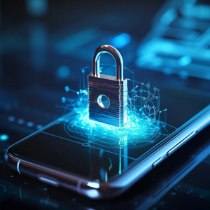 A cell phone on a dark surface. A digital lock superimposed.