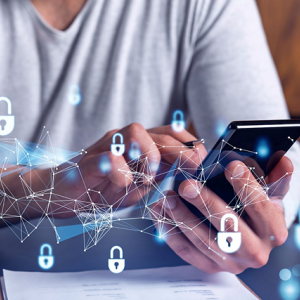 A person using a cell phone. Digital locks imposed on top.