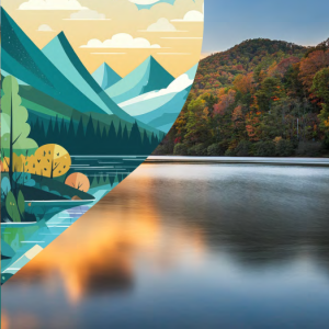 A scenic mountain, forest, waterway landscape with a cross-section of a digitized version.