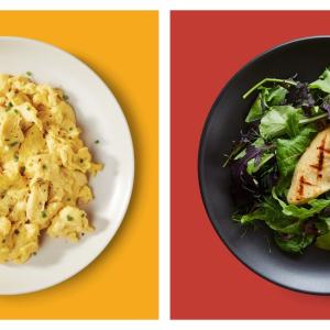 side by side plates of alternative proteins, one of 'scrambled eggs' and on of a 'chicken breast' on salad greens