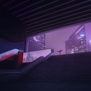 Silhouette of a person dancing at the opening of a stairwell that leads underground.