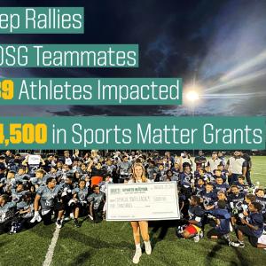 cheerleader holding a large check in front of football team. Reads: 62 pep rallies, 271 DSG Teammates, 31,189 Athletes Impacted, &814,500 in Sports Matter Grants