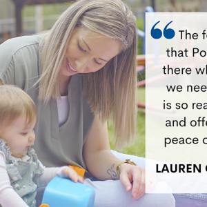Parent with baby and quote that reads: "The feeling Pomelo is there whenever we need them is so reassuring and offers that peace of mind." Lauren Campen