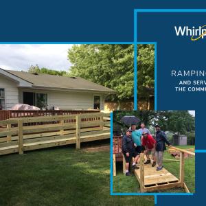 A home with a newly built wooden ramp. Whirlpool logo and "Ramping up" on the side