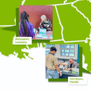 Over a map of the southeast states, two images of volunteers assisting youth.