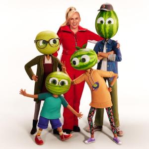 Rebel Wilson with four digital animated characters with melons for heads.
