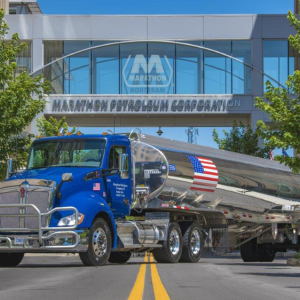 A shiny truck parked across the road, in front of Marathon Petroleum Corporation
