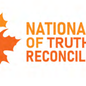 In orange "National day of truth and reconciliation" an orange maple leaf with a feather in the center.