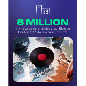 DP World Graphic with text display that reads "8 million vinyl records were handled at our Bicester facility in 2025 (a new annual record!)."