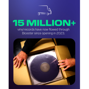 DP World Graphic with text display that reads "15 million+ vinyl records have not flowed through Bicester since opening in 2023."
