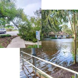 Collage of two images of storm damage and flooding.