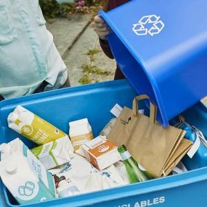 A person dumping contents of a small bin into a larger recycling bin.