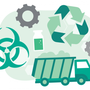 abstract icons of gears, a trash truck, recycling, biohazard