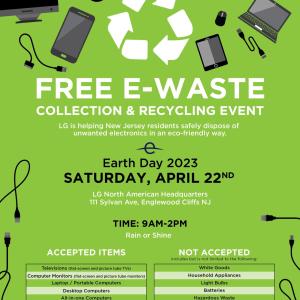 Info graphic "Free e-waste collection and recycling event" Earth Day 9am-2pm and a list of accepted and not accepted items.