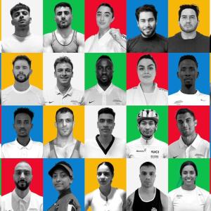 collage of black-and-white photos of olympic athletes on green, red, blue, yellow, and white backgrounds