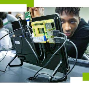 Student looking at a raspberry pi display