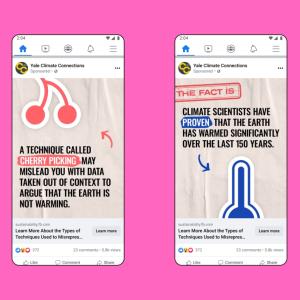 Two cell phone screens open to Yale Climate Connections posts.