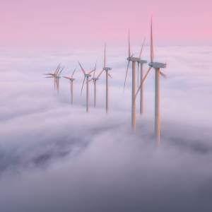 Wind turbines in clouds