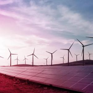 A long row of solar panels, rows of wind turbines in the background.