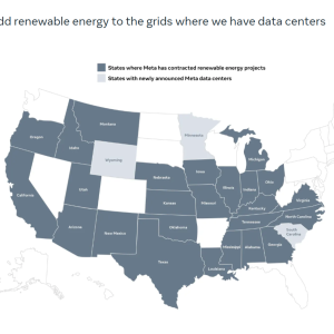 "We add renewable energy to the grids where we have data centers" info graphic map of the united states and color categories marking states with data centers.