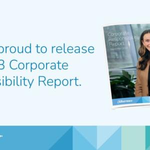 "We are proud to release our 2023 Corporate Responsibility Report." with image of smiling person