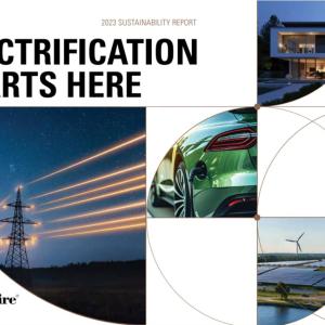 "Electrification Starts Here" Collage of images of a car, home, wind turbines.