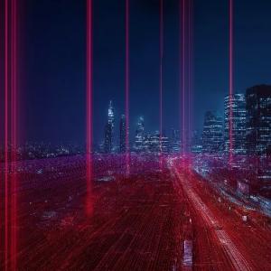cityscape with vertical red lines