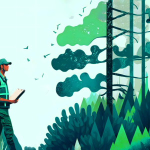 Drawing of a person walking towards woods, carrying a clipboard