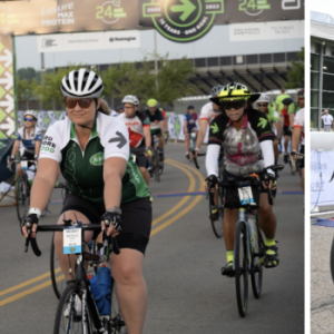 Collage of people riding bicycles in a race.