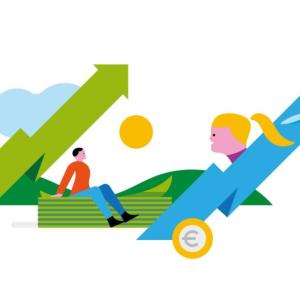 Abstract drawing of arrows pointing to the right upper corner, a wind turbine and two people