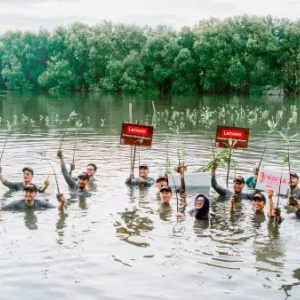 People in a lake holding up signs and branches