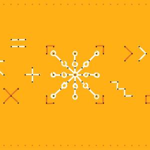 On an orange background, abstract symbols with dots and lines.