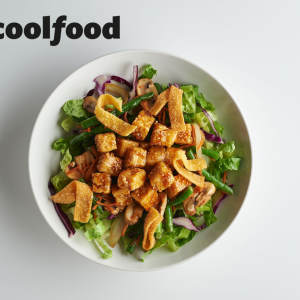 Bowl of California taco salad with Cool Food Meals logo at the top left
