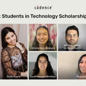 "Cadence 2023 Latinx Students in Technology Scholarship Recipients" and a collage of the winners.