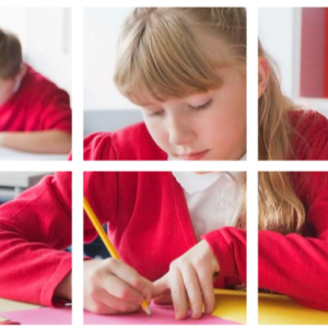 Students at desks writing on paper. A white grid overlaid.