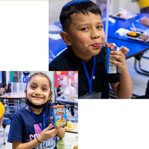 Two children with boxes of chocolate milk.