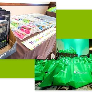 Collage of school supplies and green bags with "Regions" logo on the front.