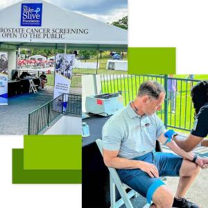 Collage of a tent "Free prostate screening" and another person getting blood drawn.