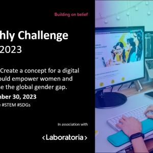 TCS Empowers logo. "goIT Monthly Challenge September 2023" to the right a person using a desktop computer.