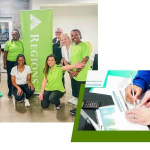 Collage: a group posing next to a Regions banner; three hands working together