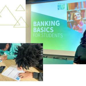 Collage: A person standing next to a screen "Banking Basics for students"; people filling out paperwork on a desk
