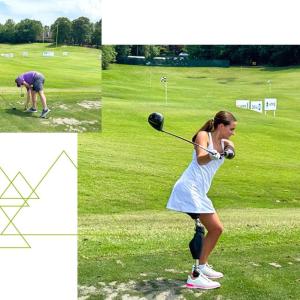 collage of Lulu playing golf