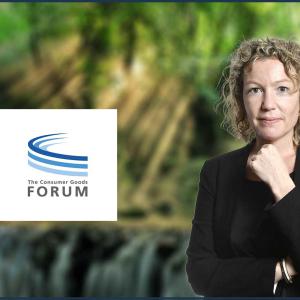 Photo of Sharon Bligh with The Consumer Goods Forum logo on the left hand side
