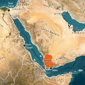 This map shows Port Sudan and Aden, two destinations of recent medical shipments from Direct Relief, that rely on passage through the Red Sea and the Gulf of Aden, where ship thoroughfare has become increasingly challenging. (Map by Michael Robinson/Direct Relief)