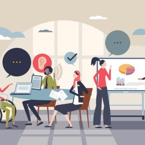Cartoon illustration depicting a diverse mix of co-workers seated at a table with computers, standing next to a video board and surrounded by plants, clouds and windows, all meant to represent different facets of Corporate Responsibility brough to life within a business setting.