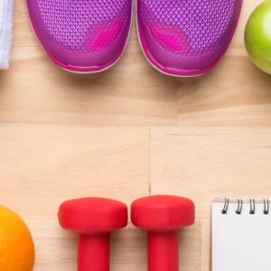 Health and fitness items lined up on a floor