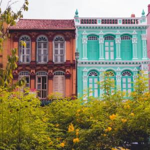 Colorfully painted exterior walls of buildings.