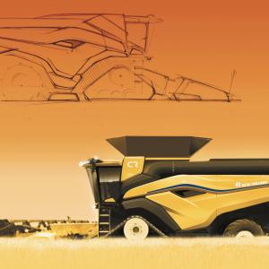 Rough sketch and digital rendering of a large farming machine
