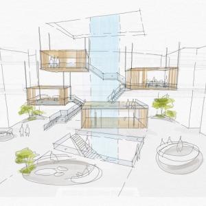 Sketch of a large, open, multi-story space with water feature.