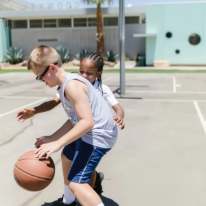 Two kids playing basketball